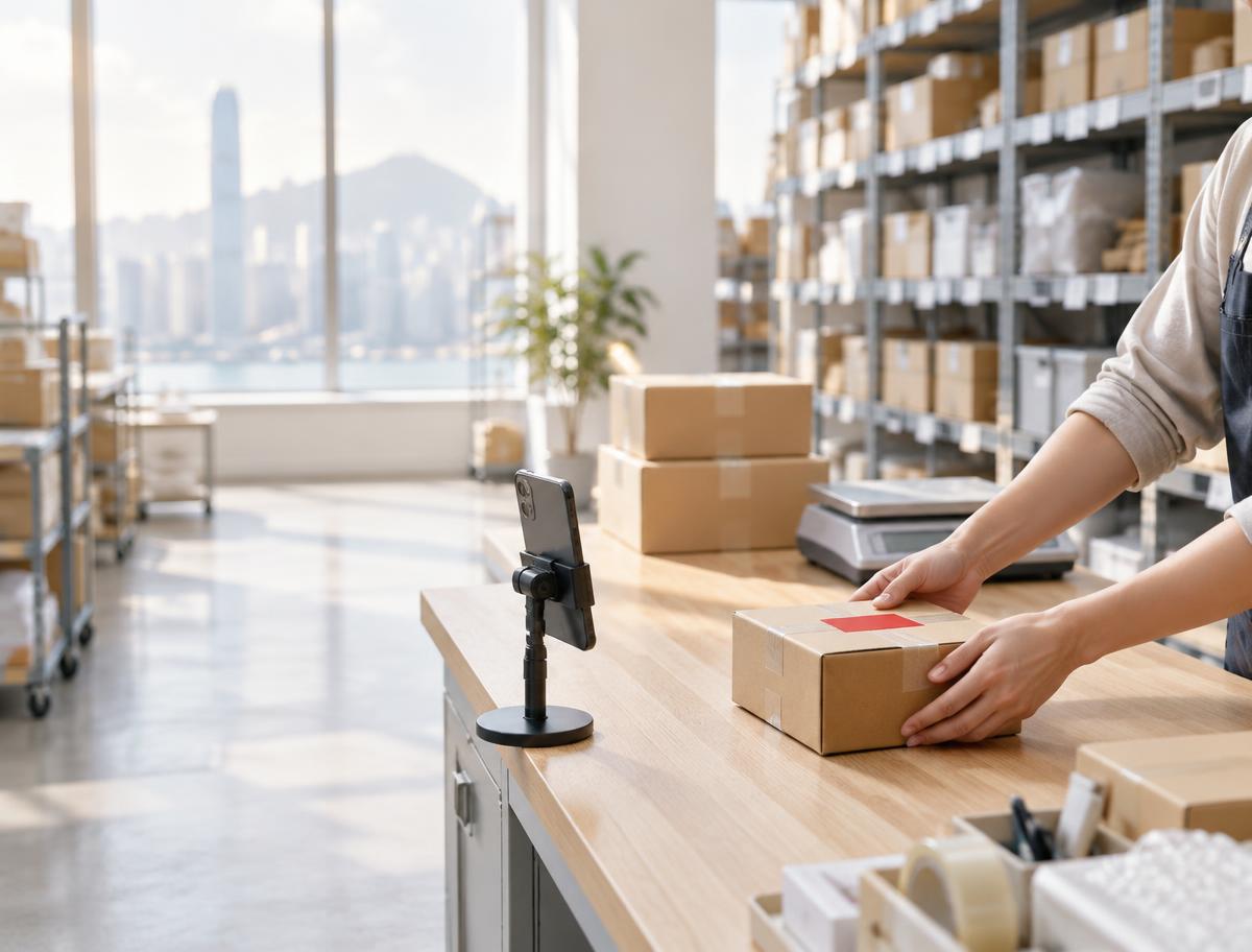Staff photographing and weighing a parcel at a warehouse packing counter